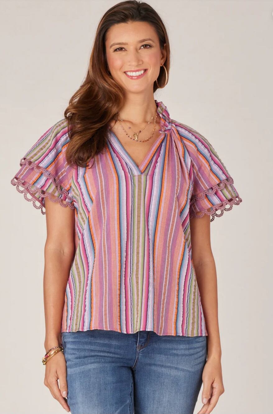 Democracy Women's Short Flounce Sleeve Crochet Lace Ruffle Neck Blouse Stripe